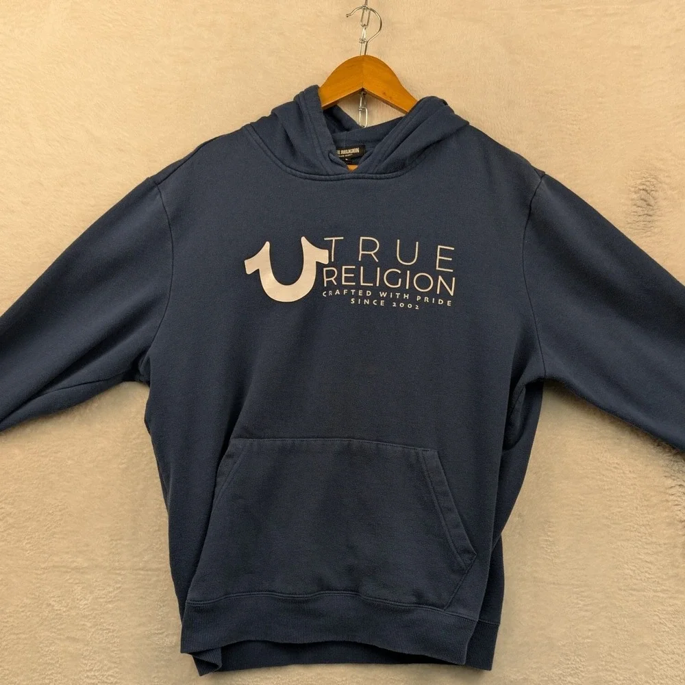 True Religion Hoodie Men's L Navy Blue Fleece Streetwear Relaxed Fit Pullover
